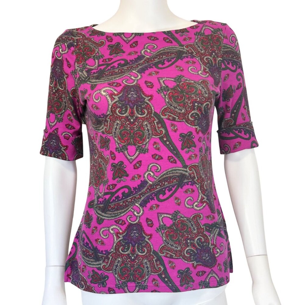 Lauren Ralph Lauren Top Womens M Purple Pink Paisley Print Stretch Cotton Blend